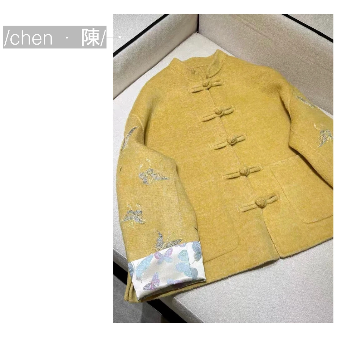 chen·陳新中式  重工彩蝶  双面羊毛外套