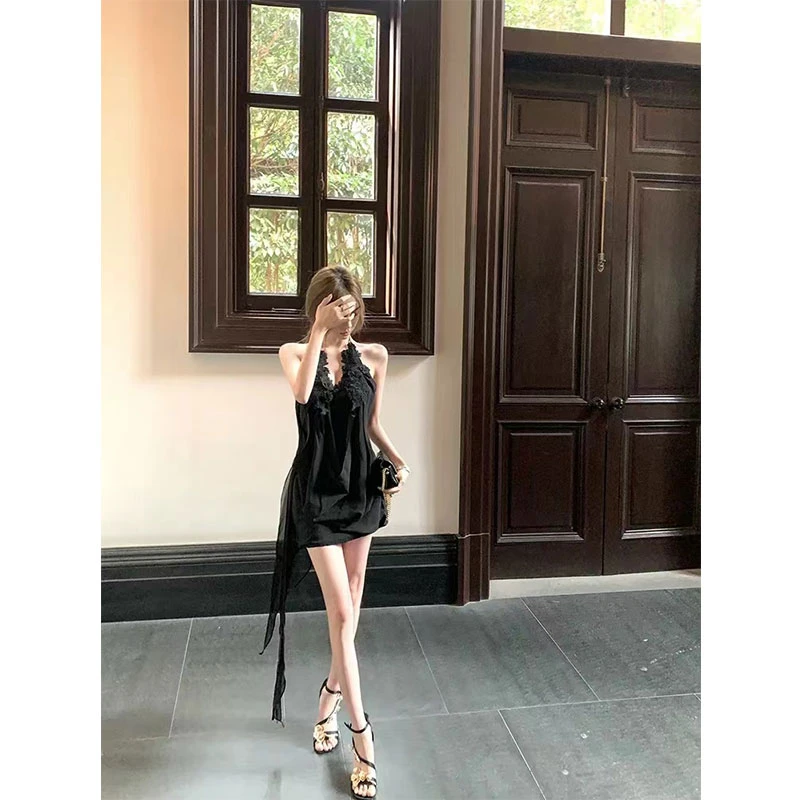 【南洋一梦】早春新款纯欲风辣妹性感雪纺挂脖立体花边露背连衣裙女
