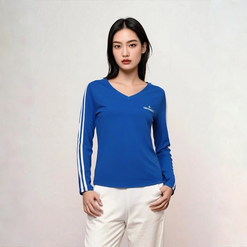 V领三条杠装饰跑步抗起球T恤修身宽松型运动短袖显瘦螺纹百搭