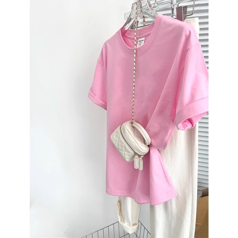 欧货奶油粉红色短袖t恤女2025夏季新款宽松纯棉圆领休闲百搭纯色