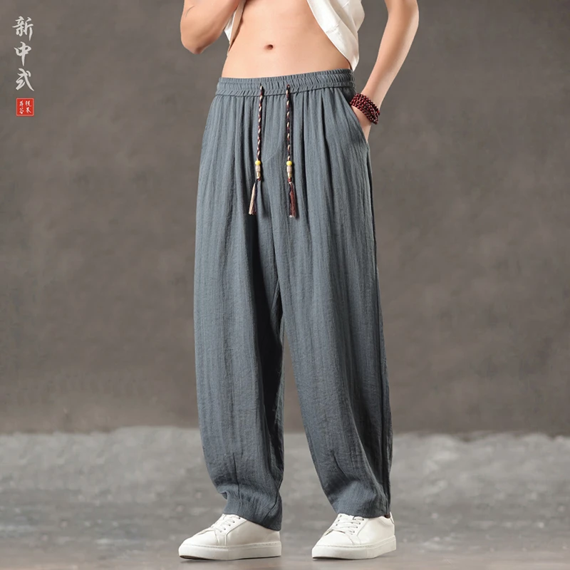 新中式薄款透气宽松哈伦裤高品质青年大码休闲裤春夏季百搭阔腿裤