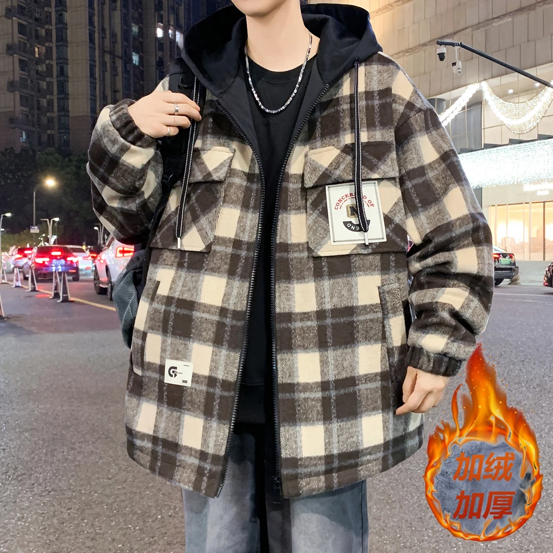 加绒加厚格子外套男士秋冬季2025新款青少年男生保暖格纹休闲夹克