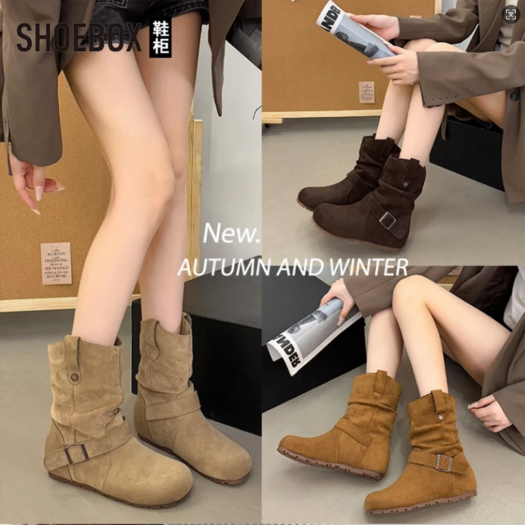 SHOEBOX鞋柜复古休闲勃肯马丁靴女2025新款百搭平底中筒靴短靴