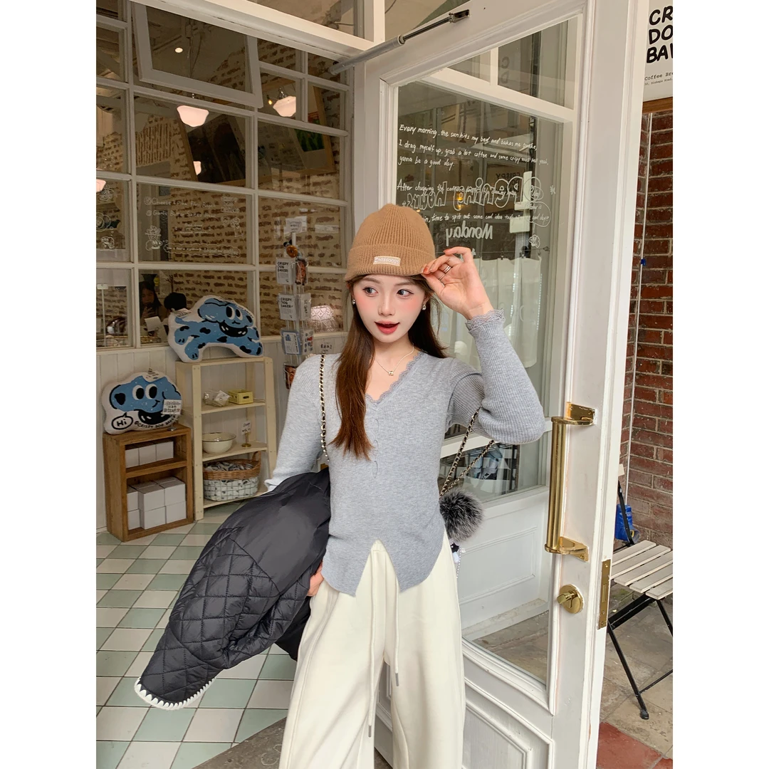 切糕自制【绒雾早秋】小个子女秋冬设计感蕾丝拼接百搭长袖针织衫