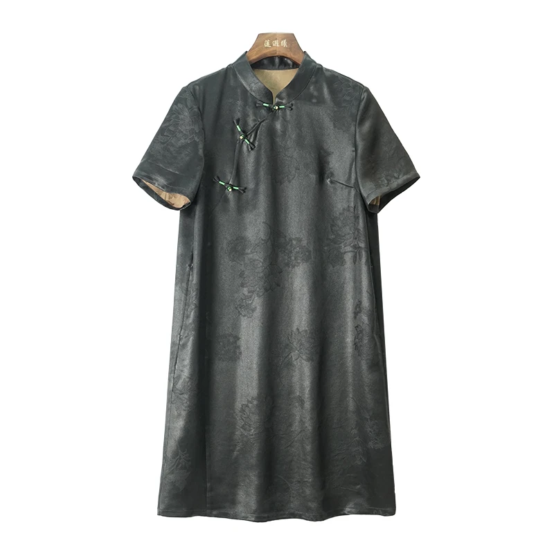 （沁园春）农工缎香云纱100%桑蚕丝新中式国风女装旗袍裙3d727Y030