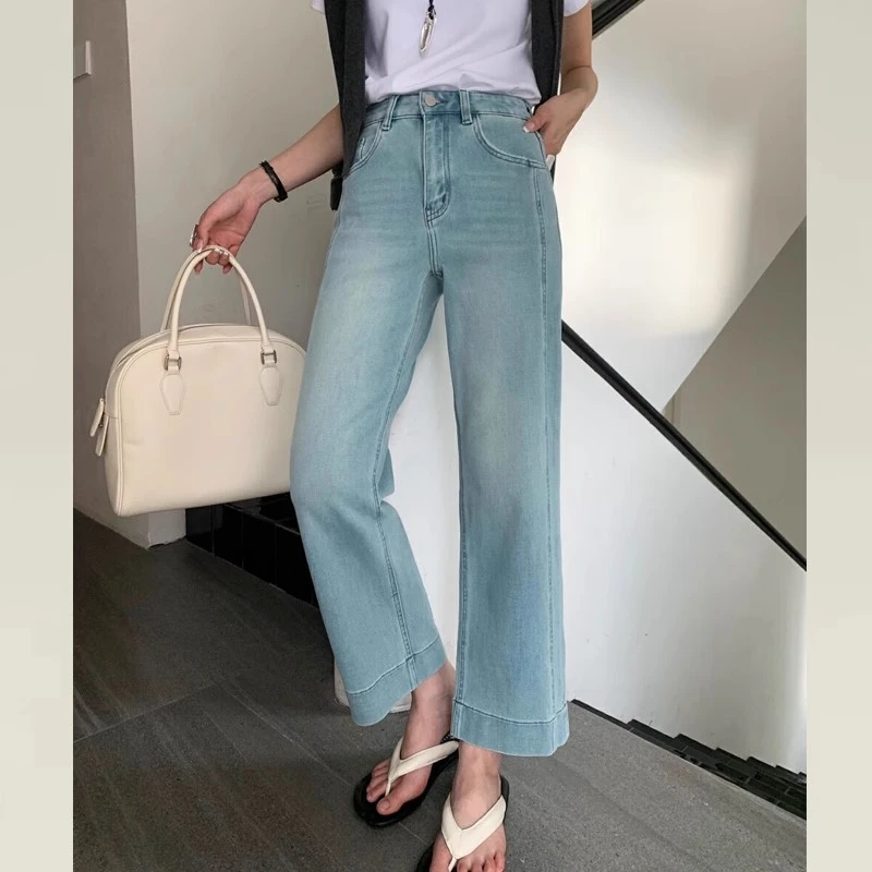 2025新款高腰小个子时尚气质宽松显瘦百搭休闲浅蓝色九分直筒裤子