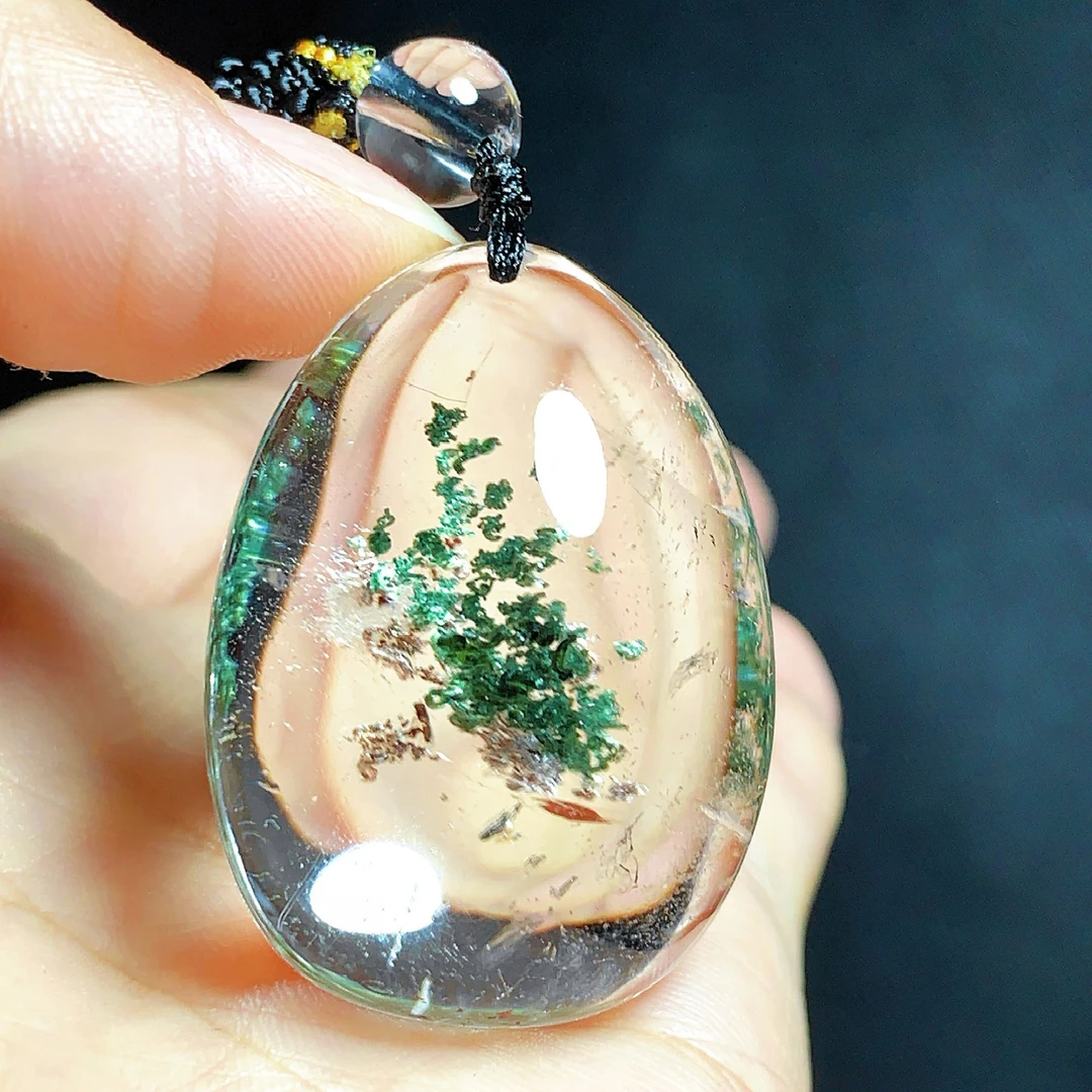 东海水晶天然绿幽灵水晶吊坠毛衣链平安通透水滴项坠男女款聚宝盆