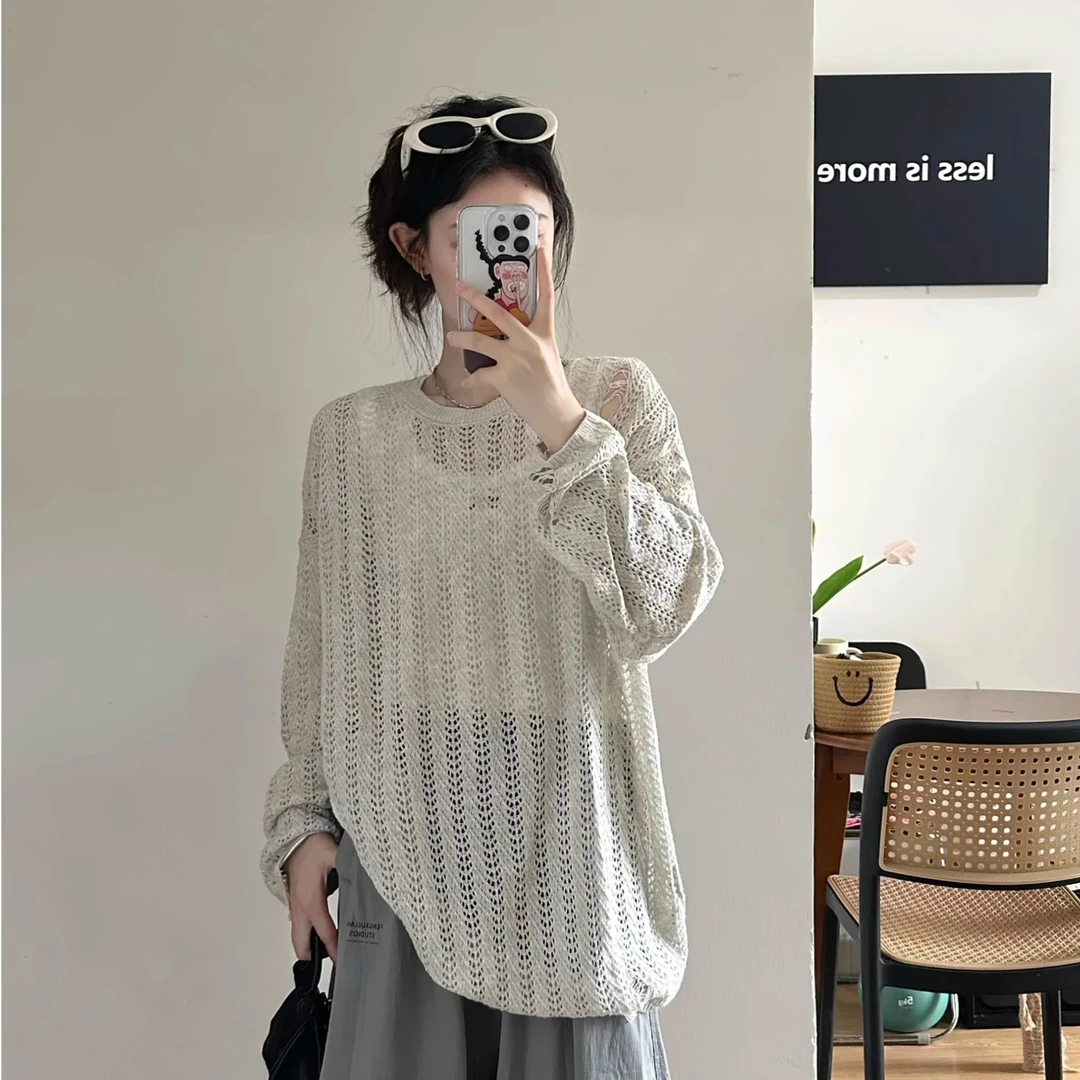 薄款镂空衫破洞防晒罩衫夏季宽松慵懒风休闲圆领针织衫外搭上衣女