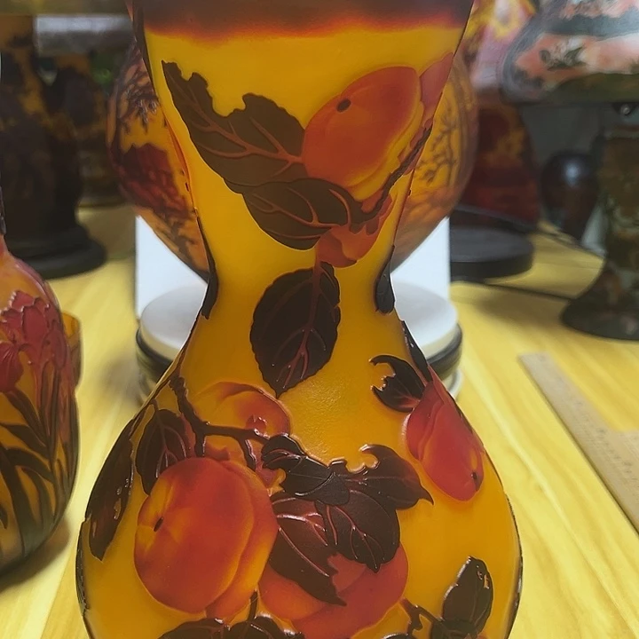 奈***！琉璃手工艺品事事如意鸡油黄雕刻花瓶花器高28口11