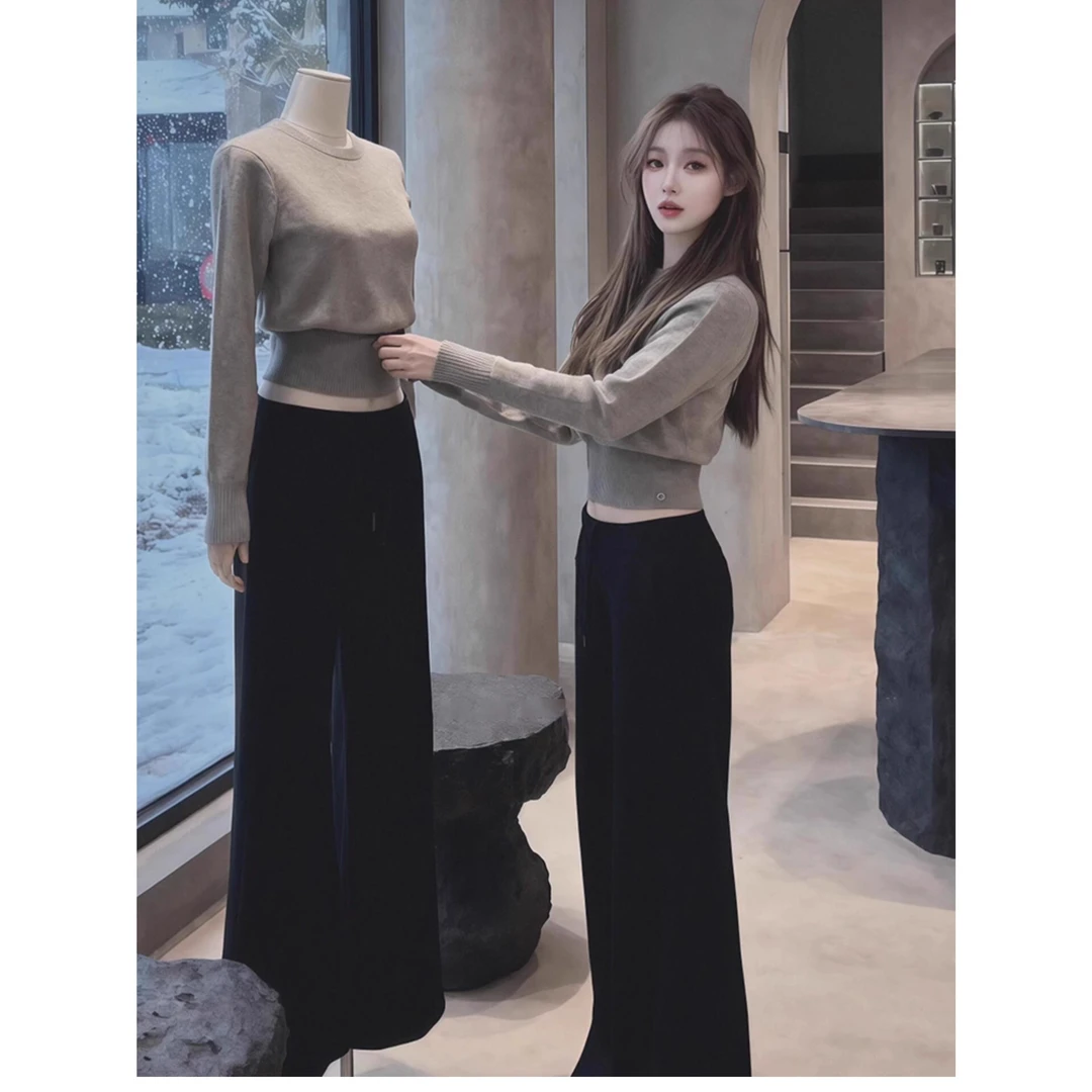 实物太美！韩系灰色长袖针织衫女秋冬短款掐腰毛衣打底衫内搭上衣