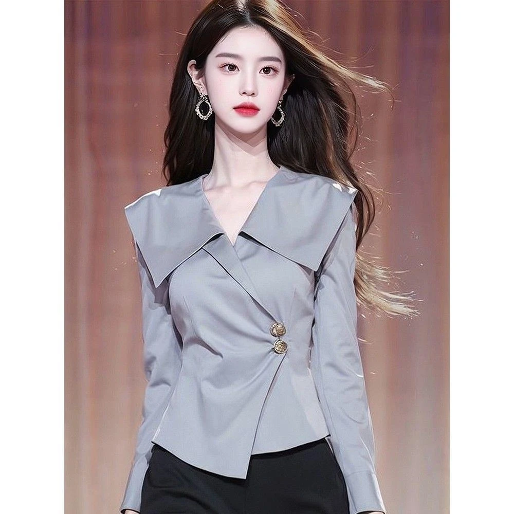 早秋新款独特漂亮灰色衬衫上衣女轻熟法式小众高级感轻奢减龄洋气