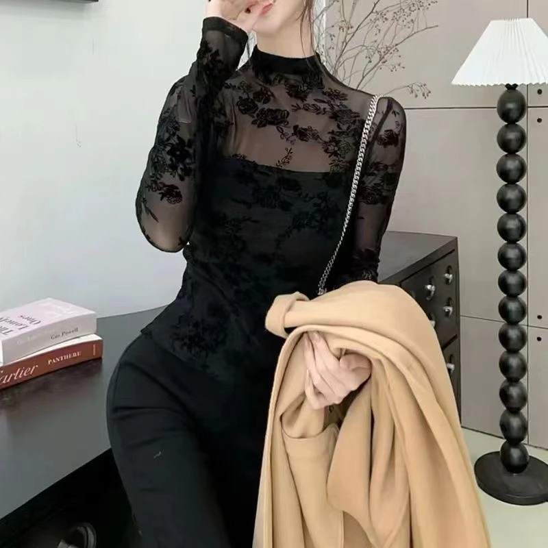 黑色辣妹蕾丝植绒半高领长袖T恤女秋冬季新款高级感内搭上衣ins潮
