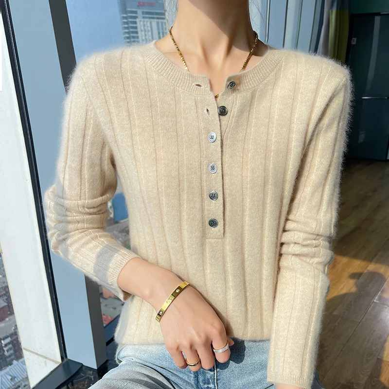 秋冬圆领羊毛衫长袖套头宽坑条毛衣女宽松显瘦纯羊毛衫