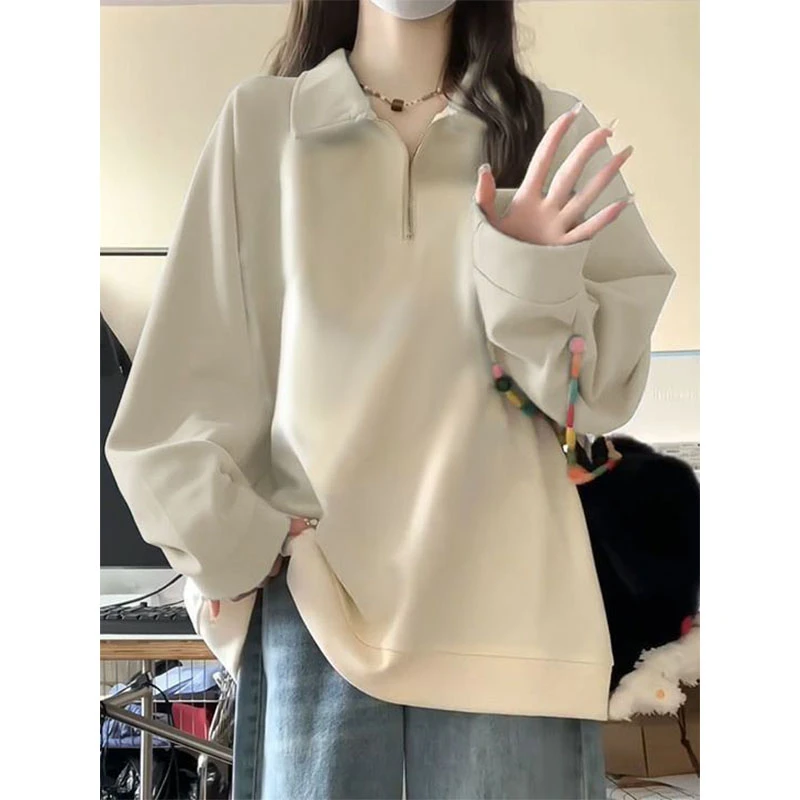 韩系简约基础款Polo领卫衣女秋冬季小众加绒加厚慵懒宽松外套上衣