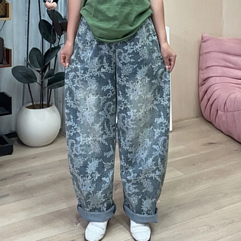 611欧货爆款牛仔青花瓷大版女裤