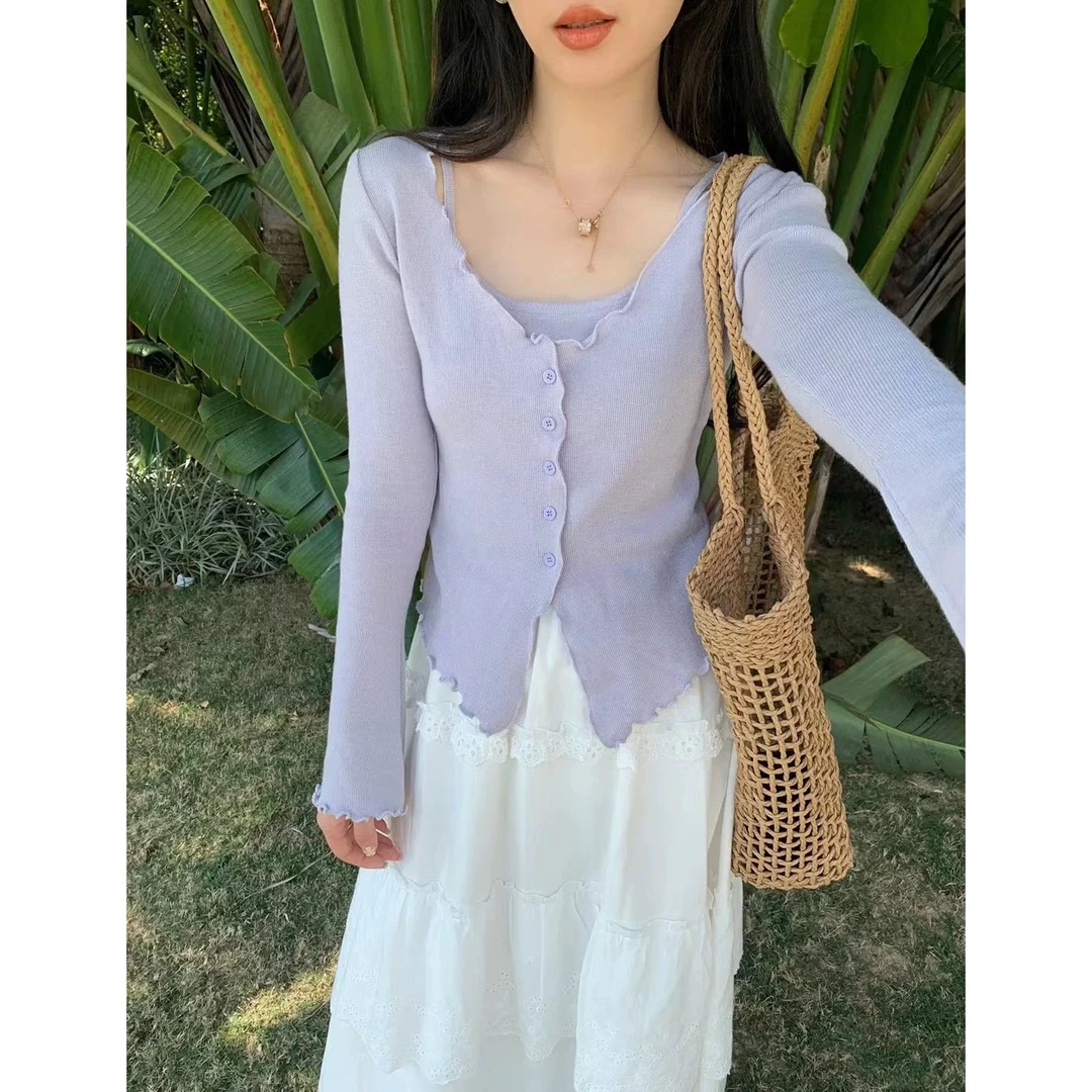 7003#花边吊带假两件秋季新款甜美气质简约风针织衫