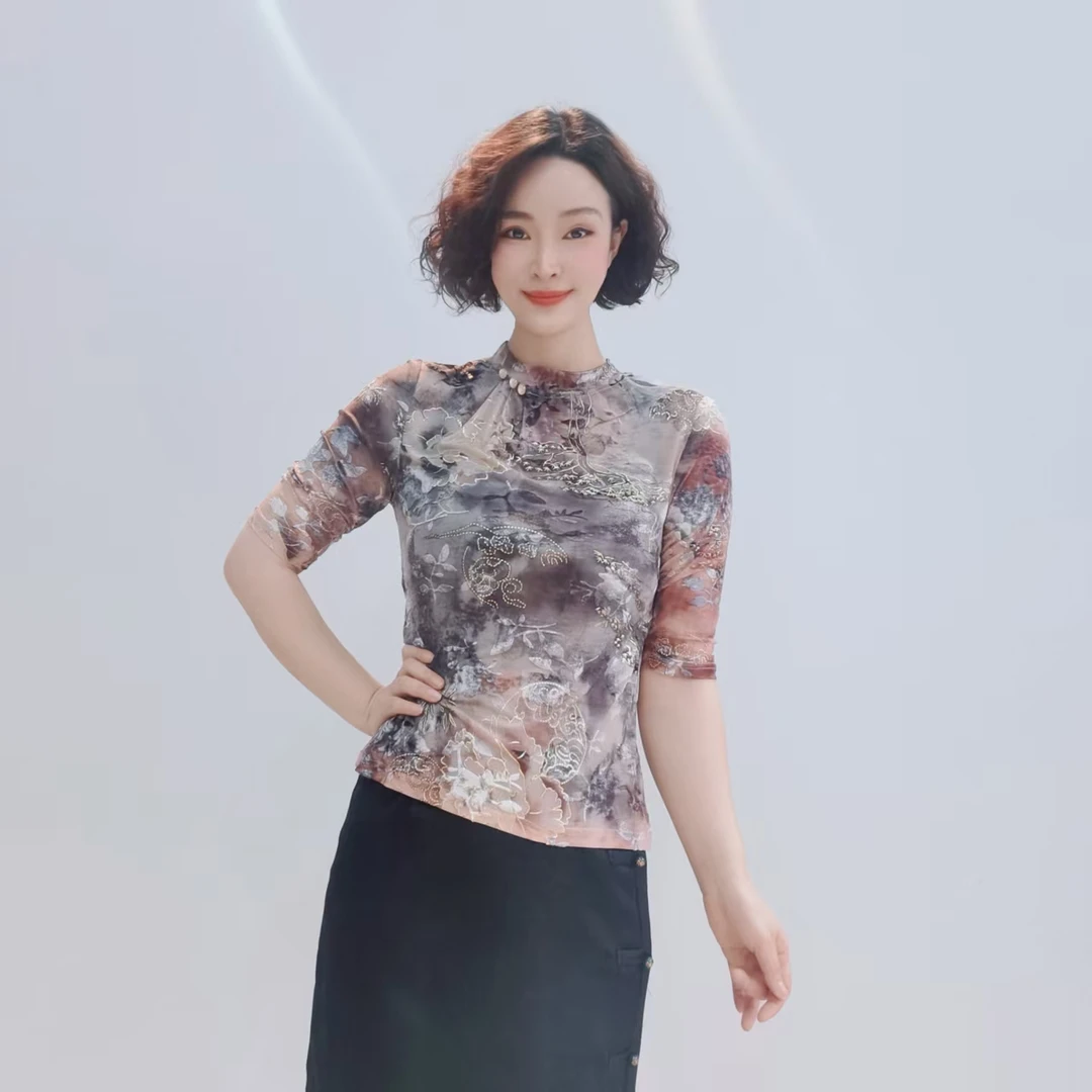 S255 清凉透气舒适洋气简约显瘦气质百搭烫金花小衫