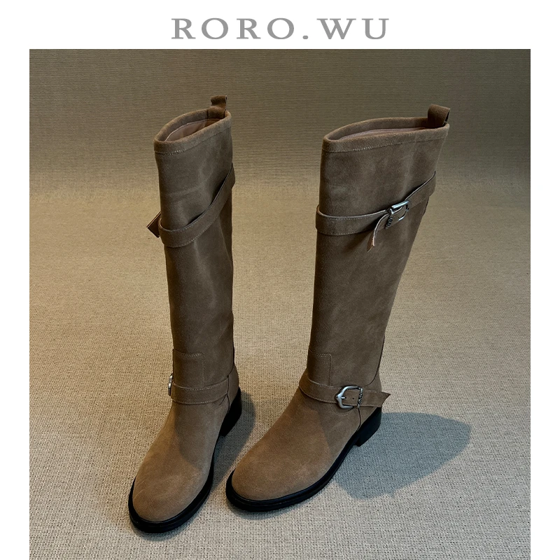 娆娆吴·牛皮法式复古百搭圆头皮带扣秋冬新款长筒骑士靴女Z53