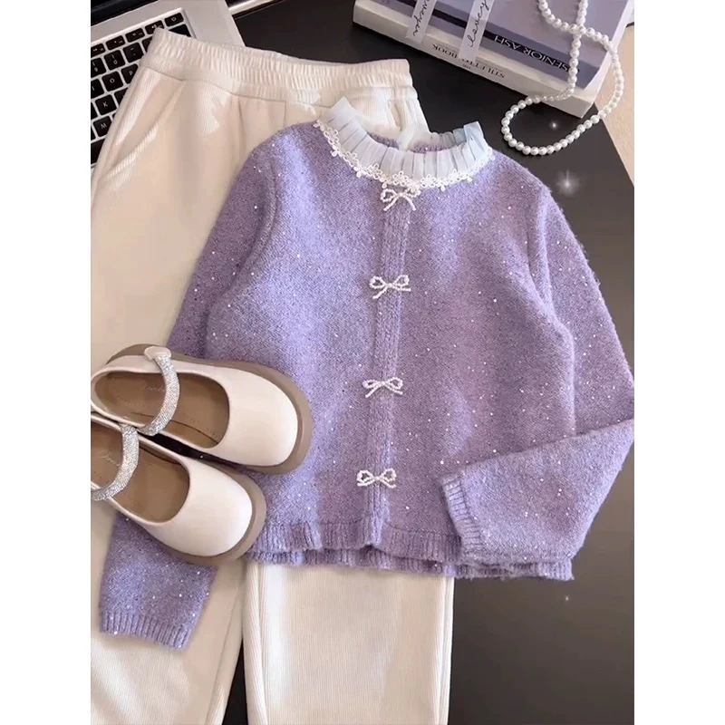 嘻【亲子装】女童毛衣春秋2025新款儿童蕾丝花边领珍珠扣打底衫上衣