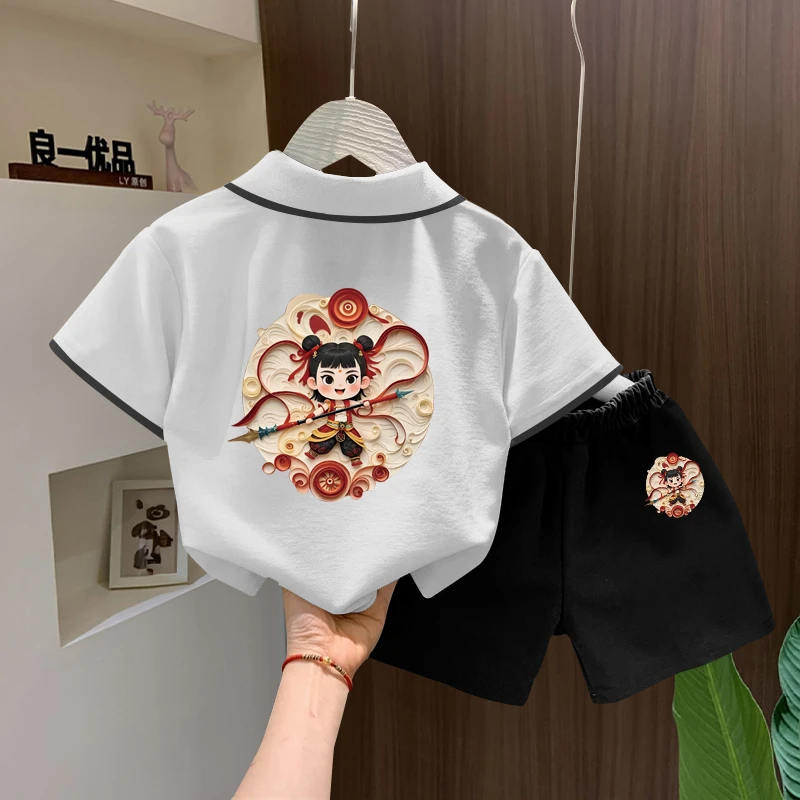 POLO衫男女儿童夏季翻领国潮款哪吒上衣童装宝宝纯棉短袖t恤套装