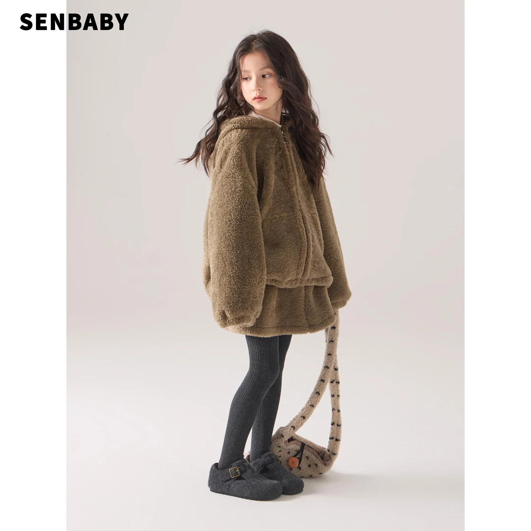 senbaby童装女童冬季连帽休闲套装2025新款拉链加绒毛毛两件套