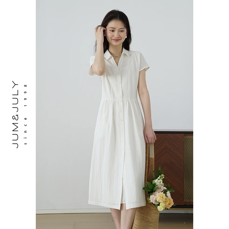 嘉茱莉法式复古V领短袖衬衫连衣裙女2025夏新款收腰显瘦长裙Q1129