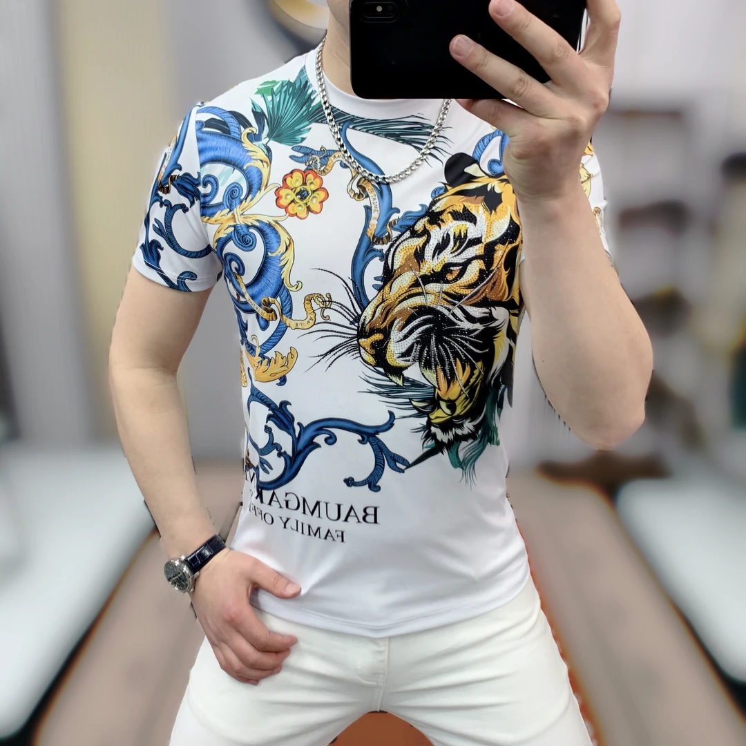 阿凯严选  欧洲站2025夏季新款男士潮流时尚帅气修身动物老虎短袖