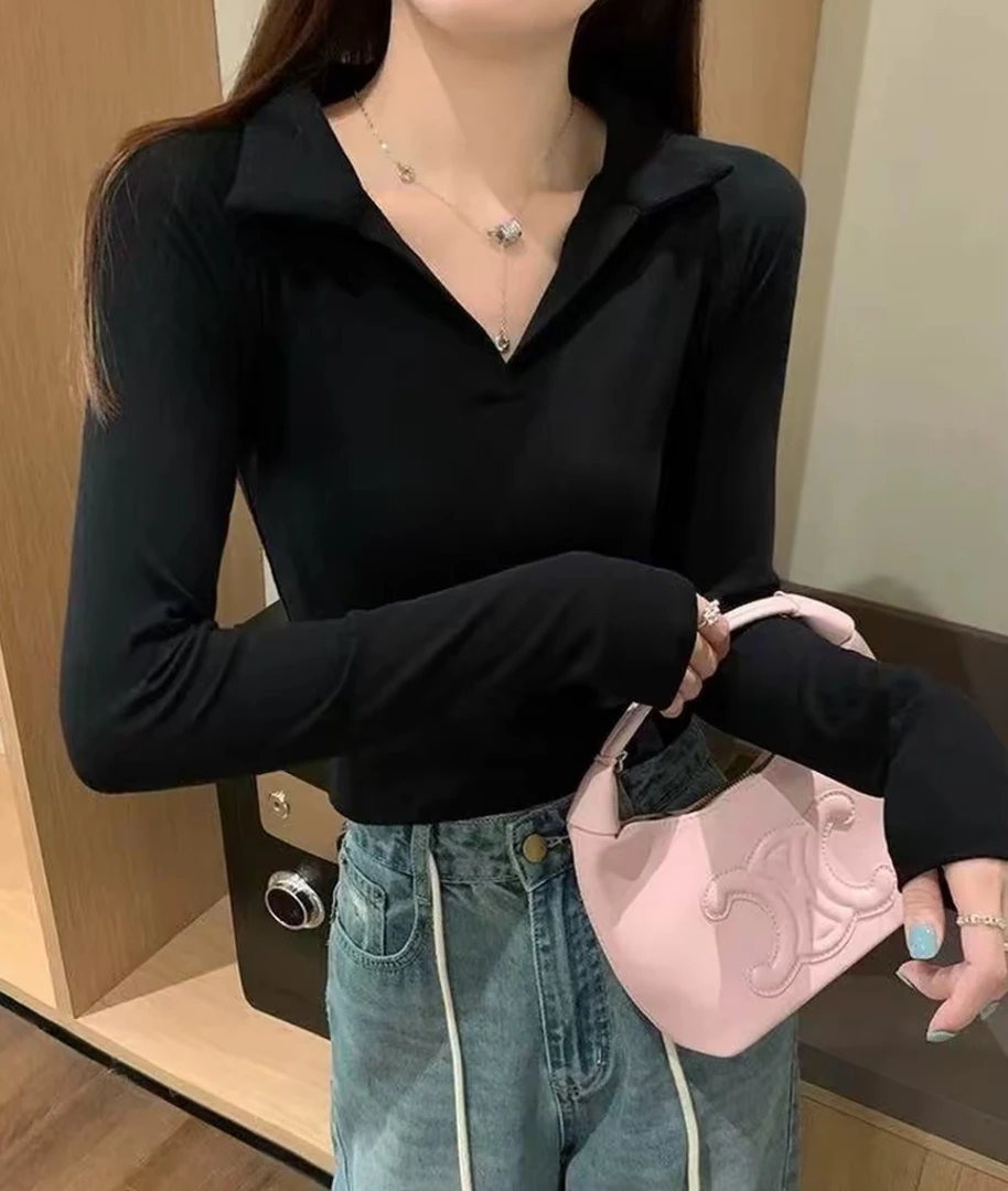黑色polo领长袖T恤打底衫女秋冬美式正肩显瘦短款简约设计感上衣
