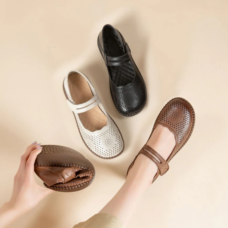 妈妈鞋凉鞋真皮软底复古镂空透气洞洞鞋中老年舒适平底夏季女单鞋