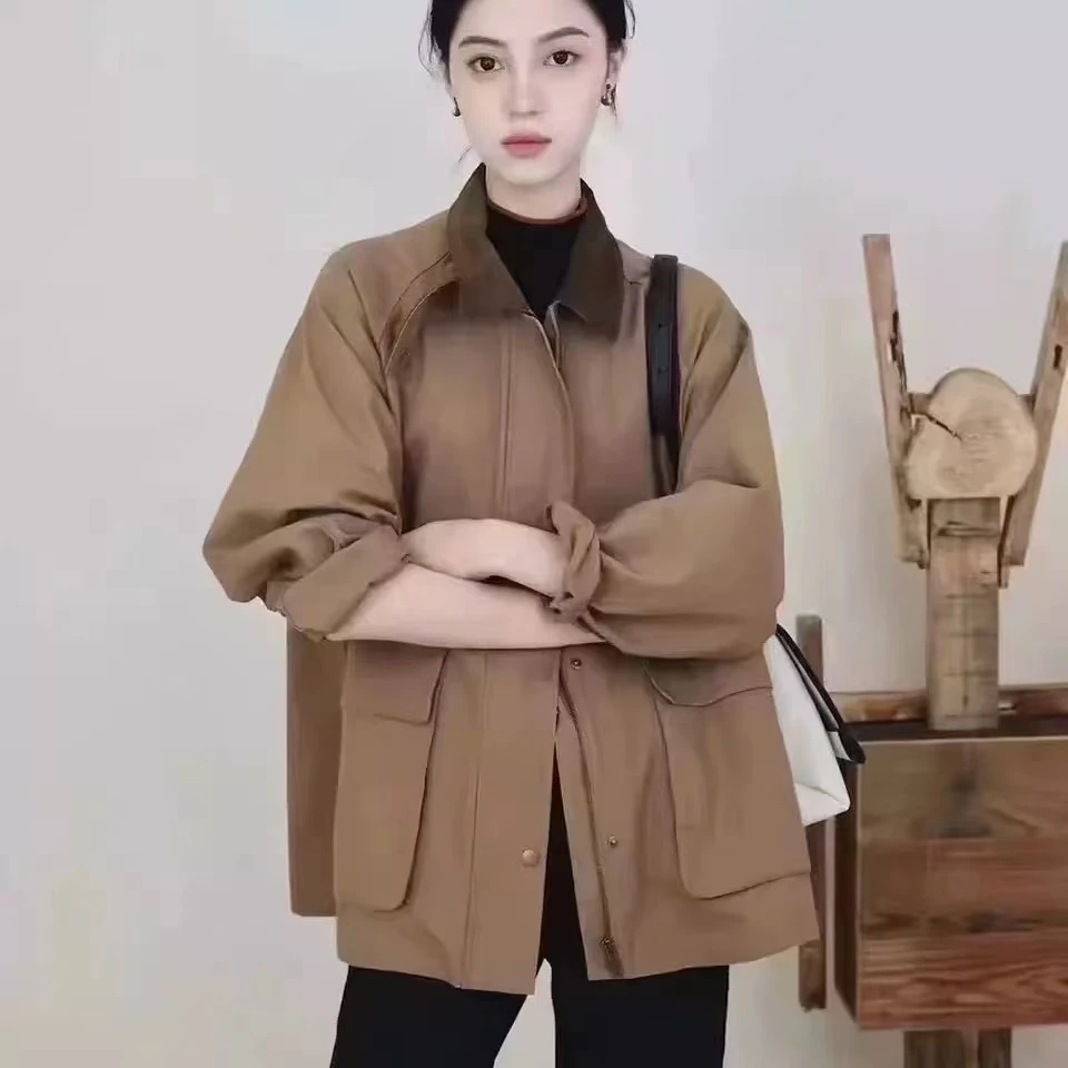 小禾女装秋季新款猎装工装风帆布灯芯绒领撞色棕色外套