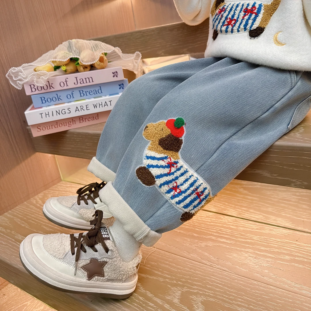 裤子儿童加绒牛仔裤秋冬季2025新款女童加厚冬装女宝宝卡通直筒裤