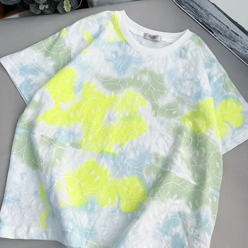 泡泡噜童装儿童夏季新款扎染短袖T恤笑脸
