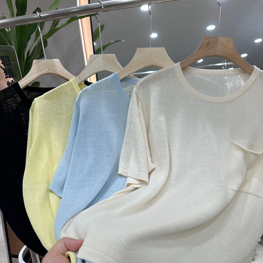 春夏新款和纸纱圆领纯色针织衫慵懒简约休闲百搭气质短袖0423