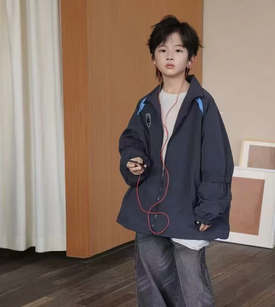 2025年款衣服儿童立领拼接学院风外套中大童潮酷痞帅童装 25458