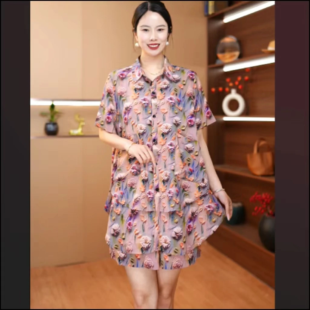 油画玫瑰{上衣加短裤}夏季短袖印花套装女新款宽松大码两件套气质