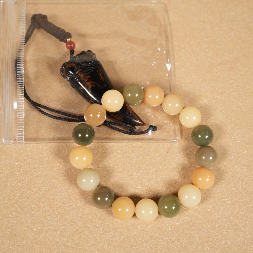 【小莲工艺】菩提玉石料1.3圆珠多宝+狼牙貔貅手把件