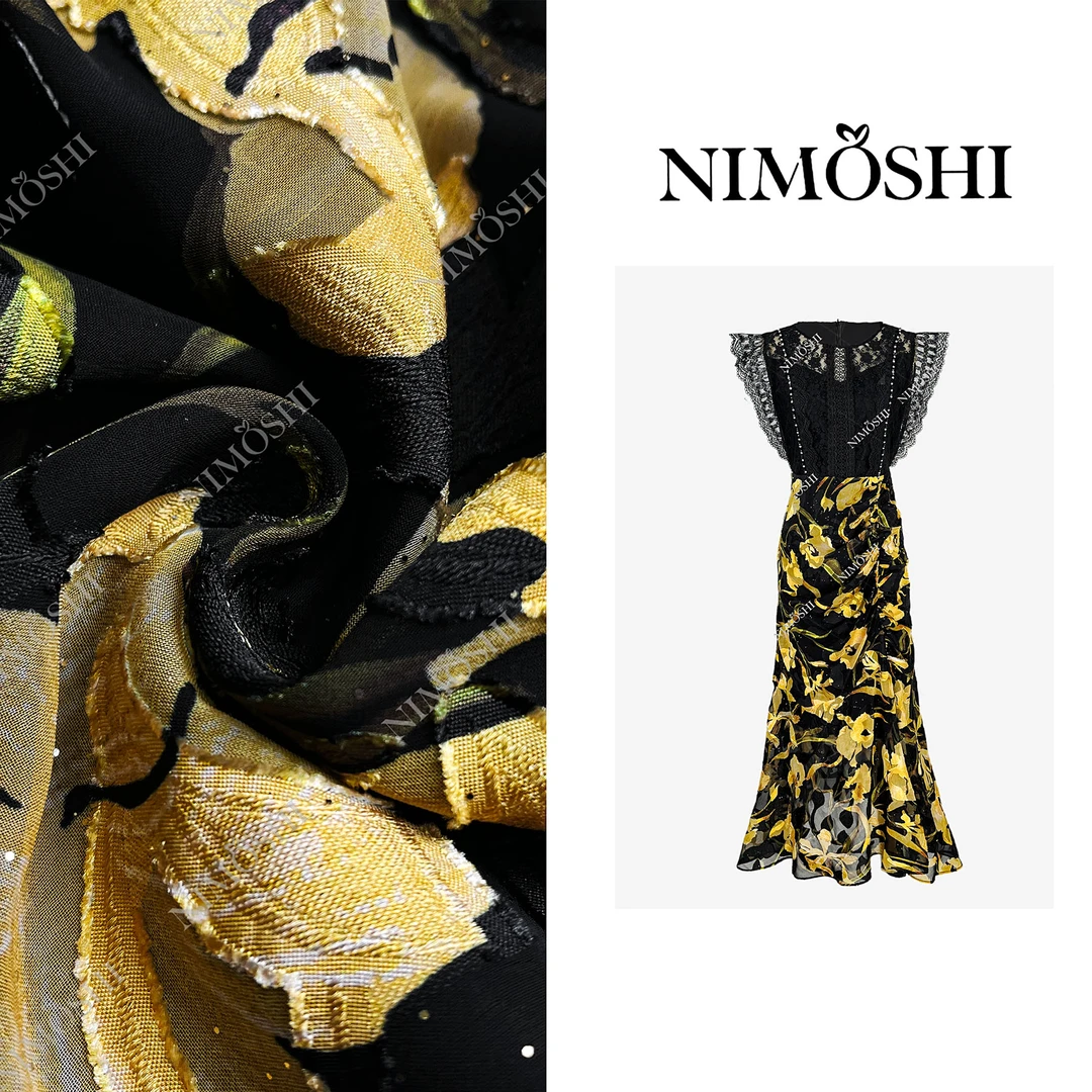 【莎总专属】清新黄色碎花鱼尾裙网纱双层气质减龄显瘦连衣裙Q2127