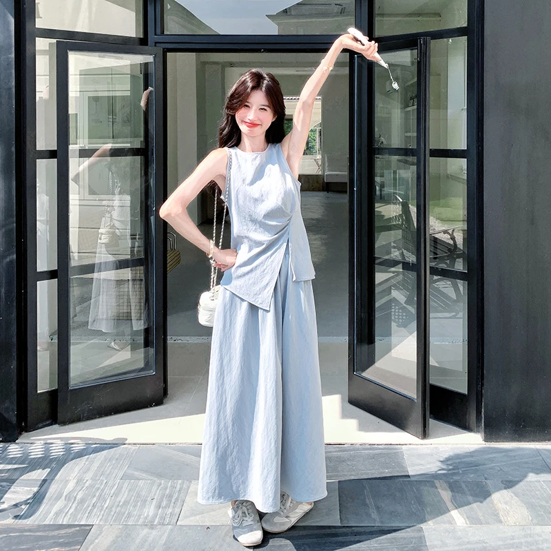 法式显瘦轻熟时尚衬衫半身裙两件套收腰背心上衣裙子套装女装夏季