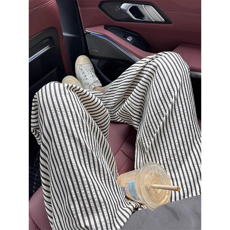 黑色条纹宽松裤子女夏季薄款2025新款高腰垂感显瘦直筒休闲阔腿裤