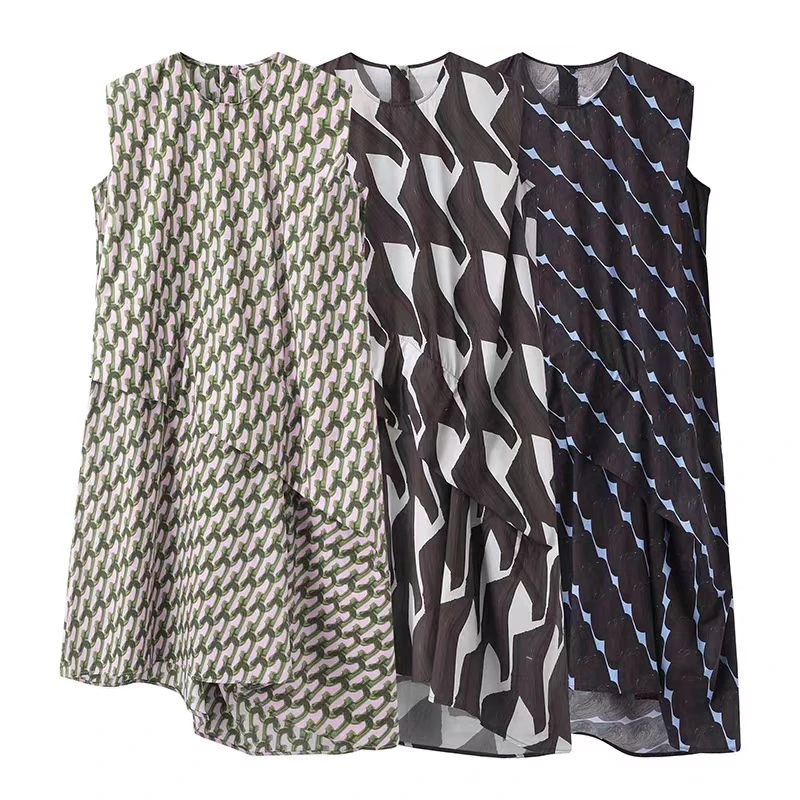 【小屋檐】修饰手臂连衣裙新品个性撞色印花设计两穿裙子.Y9107