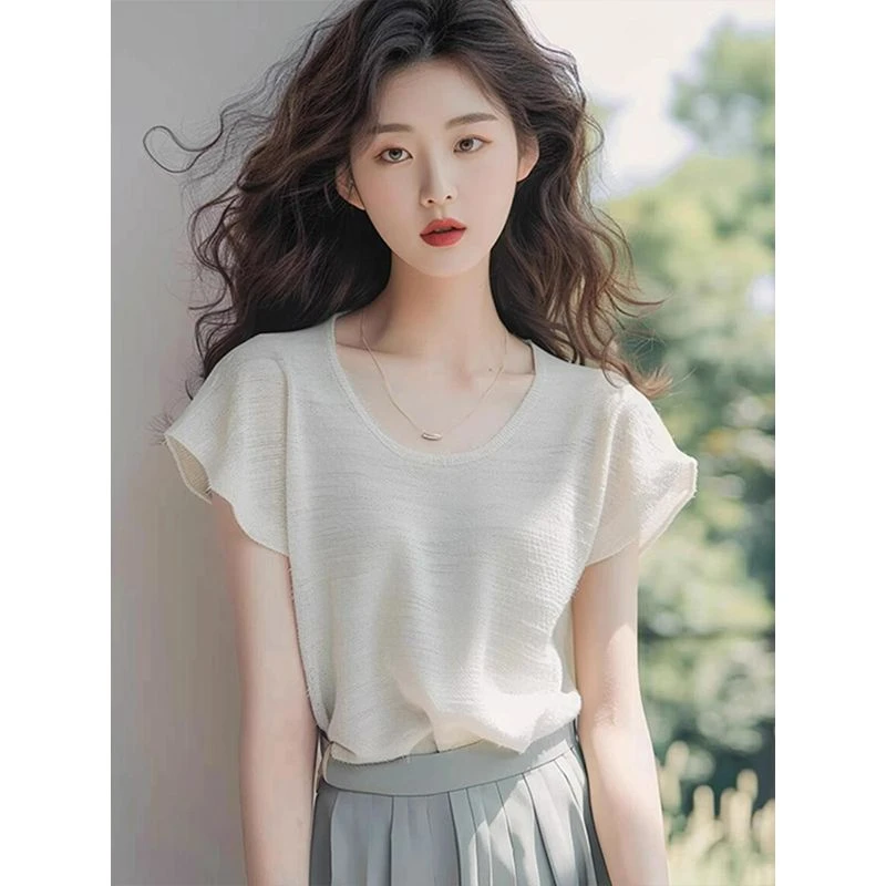 韩系时尚圆领套头小飞袖设计感纯色简约气质上衣夏季新款舒适恤