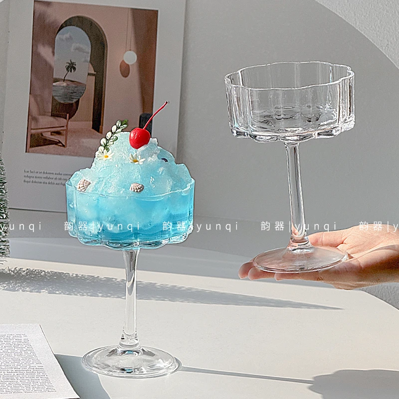 韵器ins加厚花形布丁杯高颜值网红玻璃高脚杯冰淇淋酸奶慕斯杯