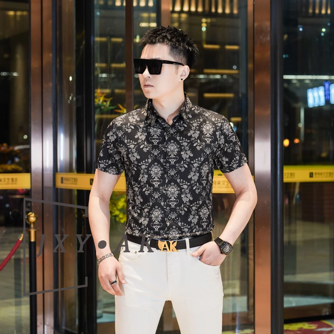 2025男士英伦雅痞风格衬衫复古扎染时尚潮流夏季短袖翻领痞帅衬衫