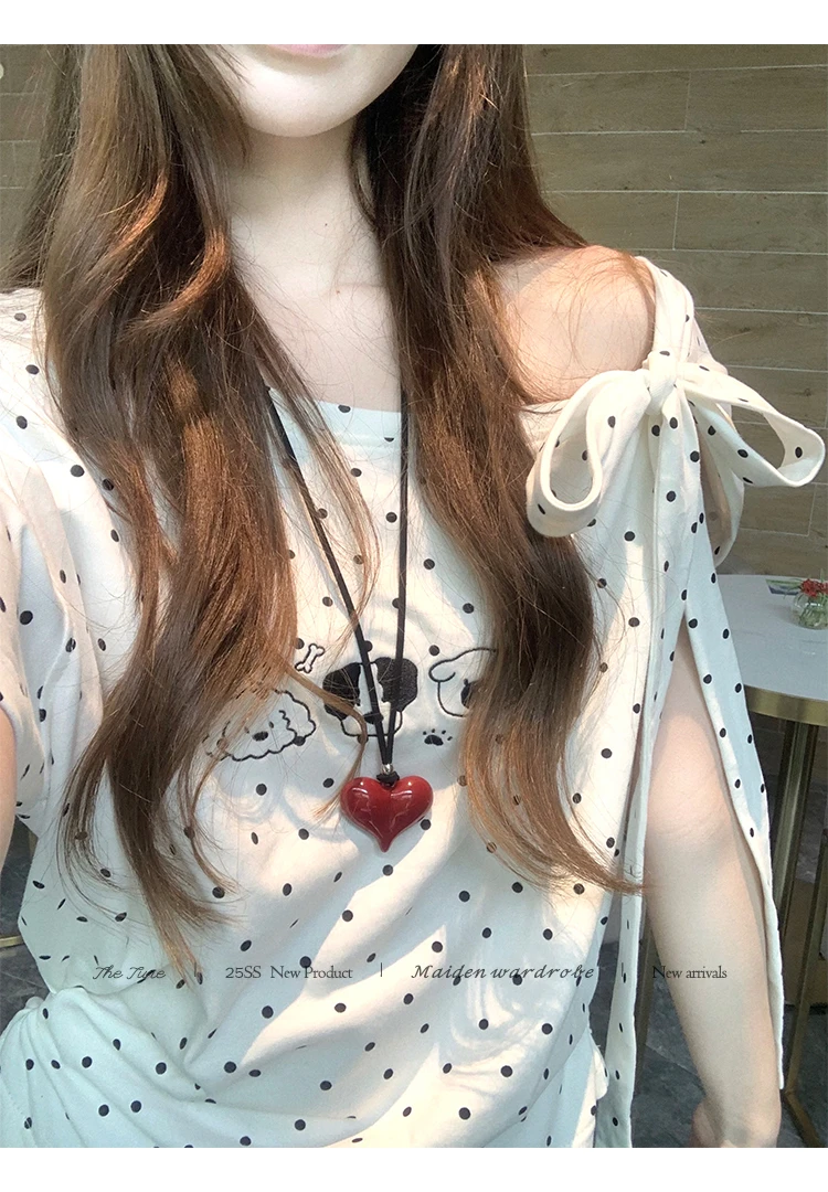 涂鸦日记 韩系斜肩波点小狗短袖T恤女夏季修身显瘦设计感刺绣上衣