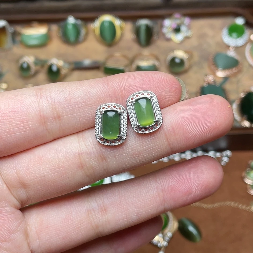 和田玉（碧玉）银S925镶嵌吊坠(不含链)耳钉