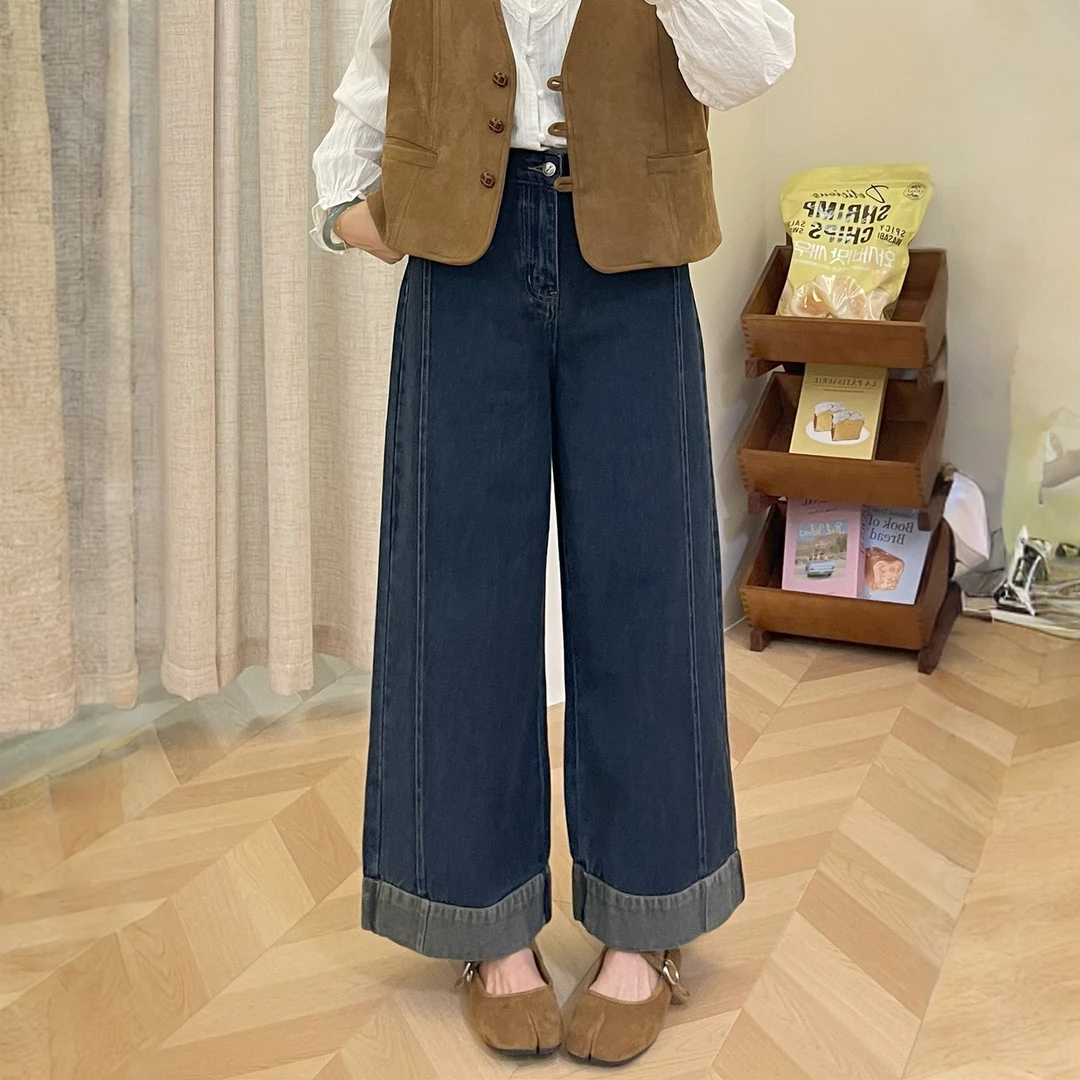 复古蓝阔腿牛仔裤女宽松大码微胖梨型身材裤子女款爆款2025新款