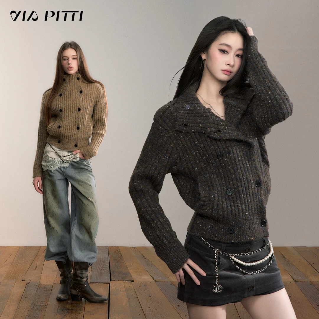 ViaPitti【官方专属】设计感彩纱高领毛织夹克外套VIADK713