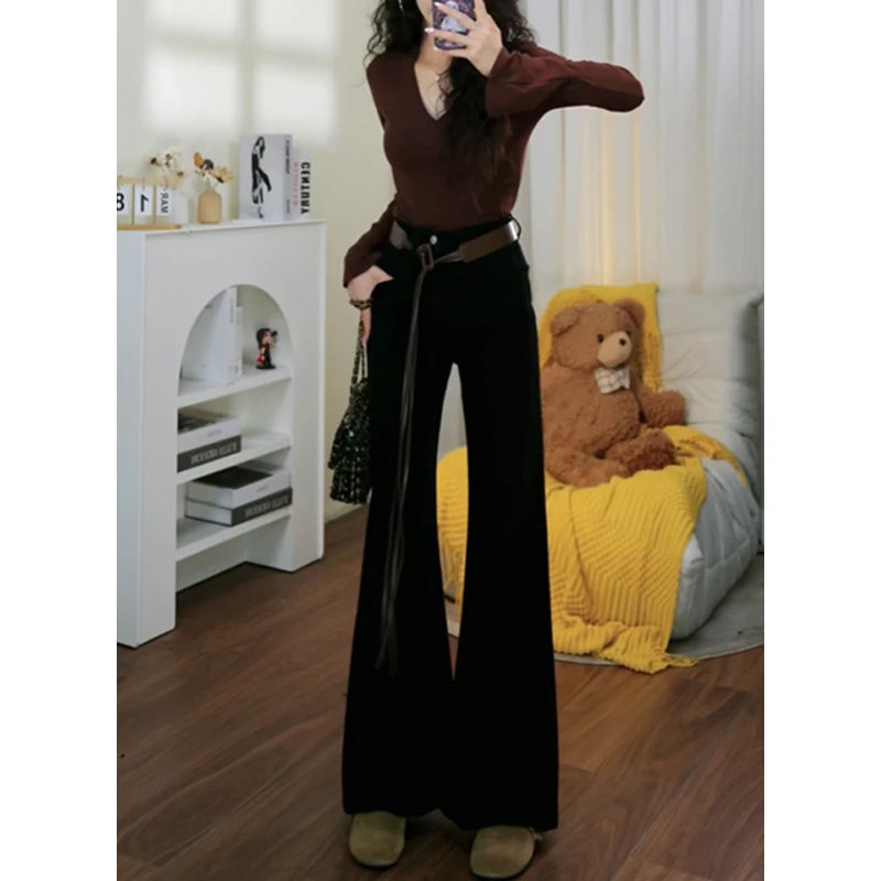 美拉德高腰微喇牛仔裤女新款秋冬高腰弹力不贴腿喇叭长裤百搭