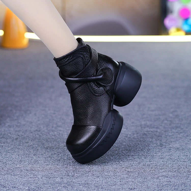 NP32-028真皮高跟女休闲马丁靴女鞋修面皮圆头坡跟百搭时尚秋冬