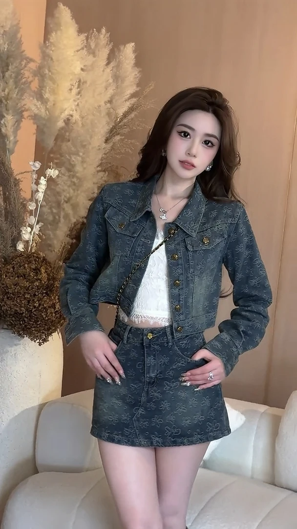 提花牛仔套装早秋新款高级感洋气修身显瘦两件套洋气衣服女女装